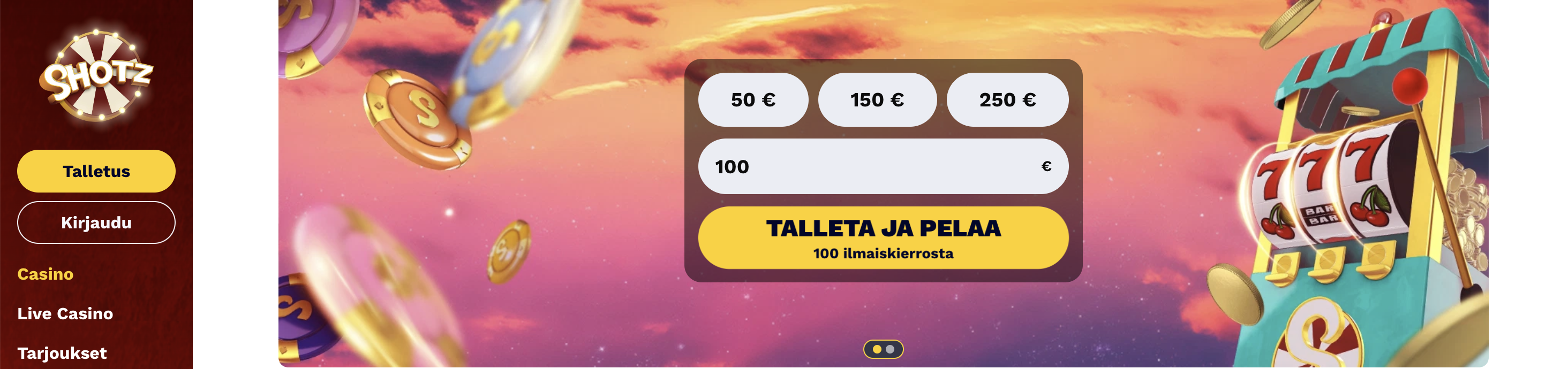 kuvakaappaus shotz casinon etusivulta ja tervetulobonus