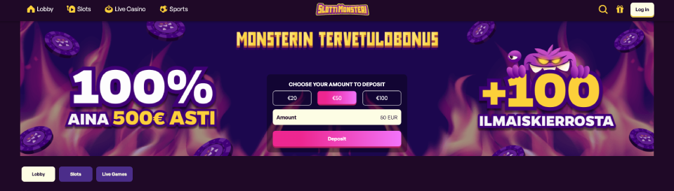 slottimonsteri casinon etusivu ja kokemuksia