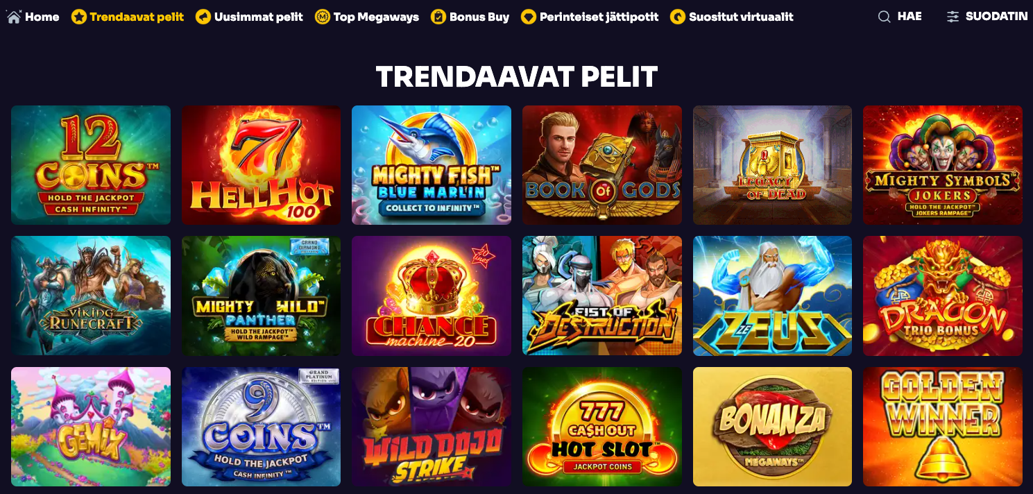 kuvakaappaus dazzlehand casinon pelivalikoiman trendaavista kolikkopeleistä