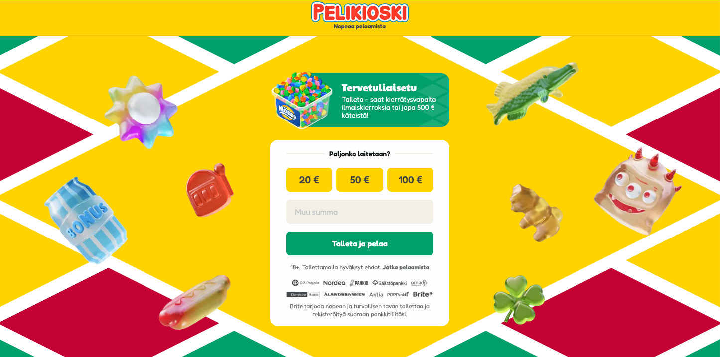 kuvakaappaus pelikioski kasinon etusivulta ja tervetuliaisedusta